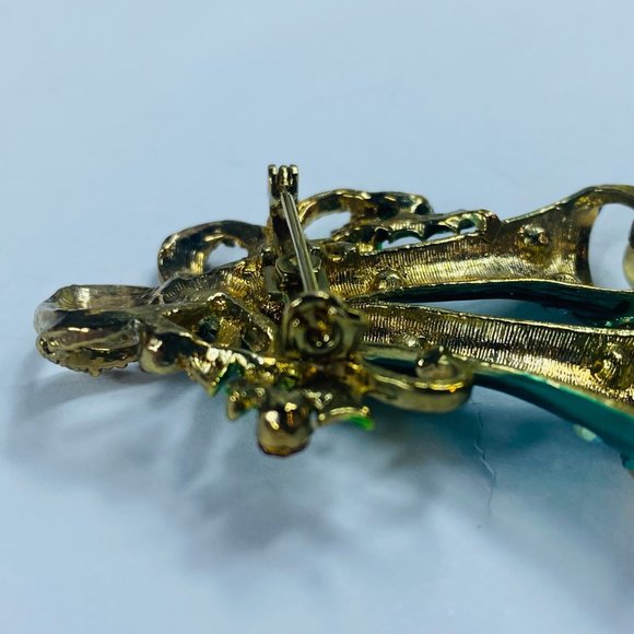 Long Two Bell Christmas Holiday Brooch Pin Holly Faux Pearls Rhinestone Bows - Picture 6 of 16